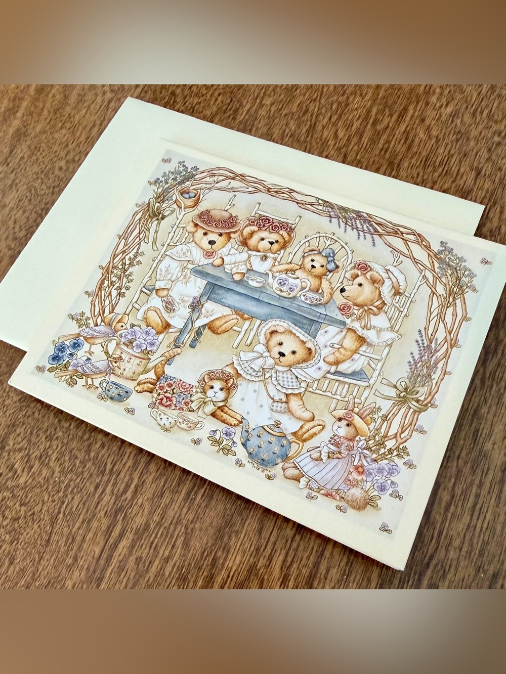 Set of 7 Vintage Teddy Tea Party Notecards, Soft Pastel Illustration 1996